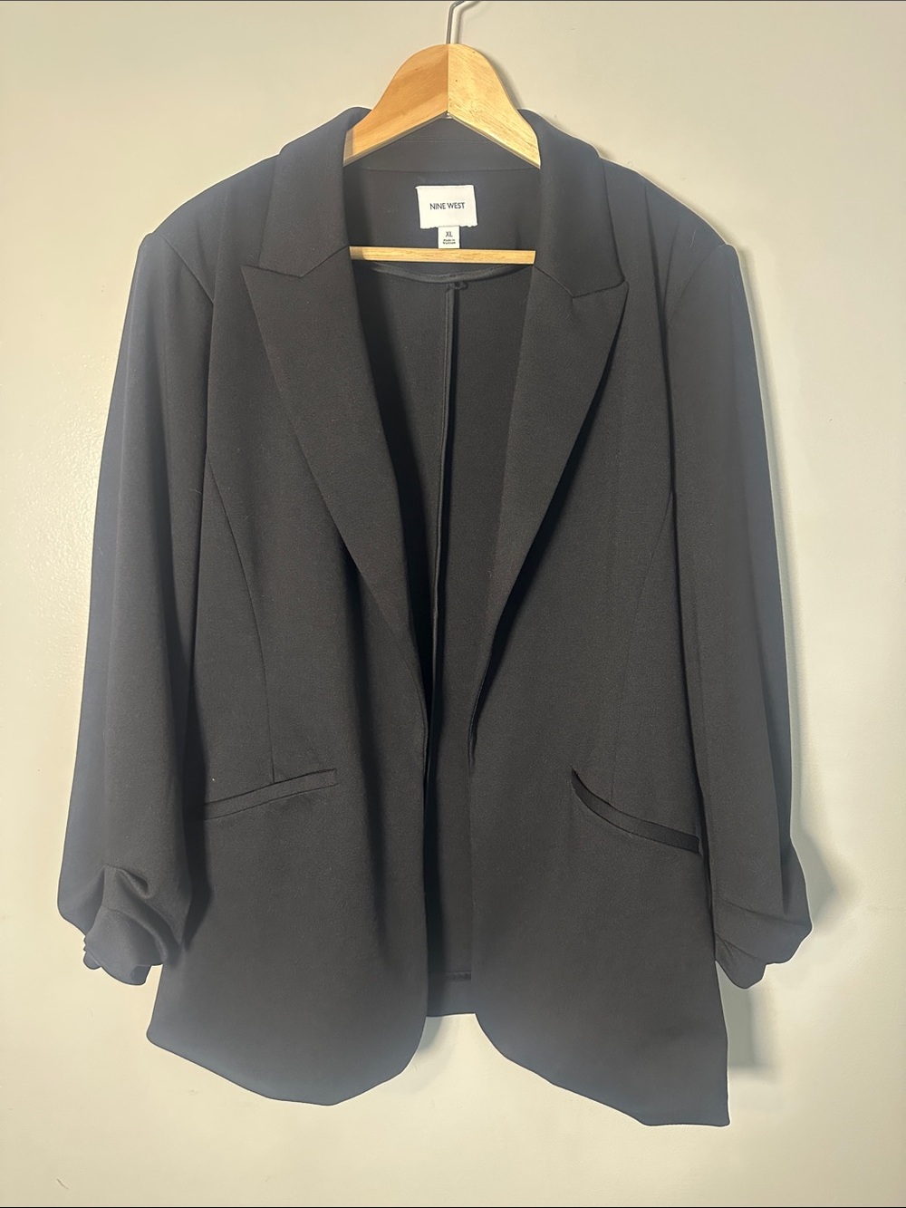 Nine West Black Open Front Knit Blazer - 3/4 Ruched Sleeve, XL